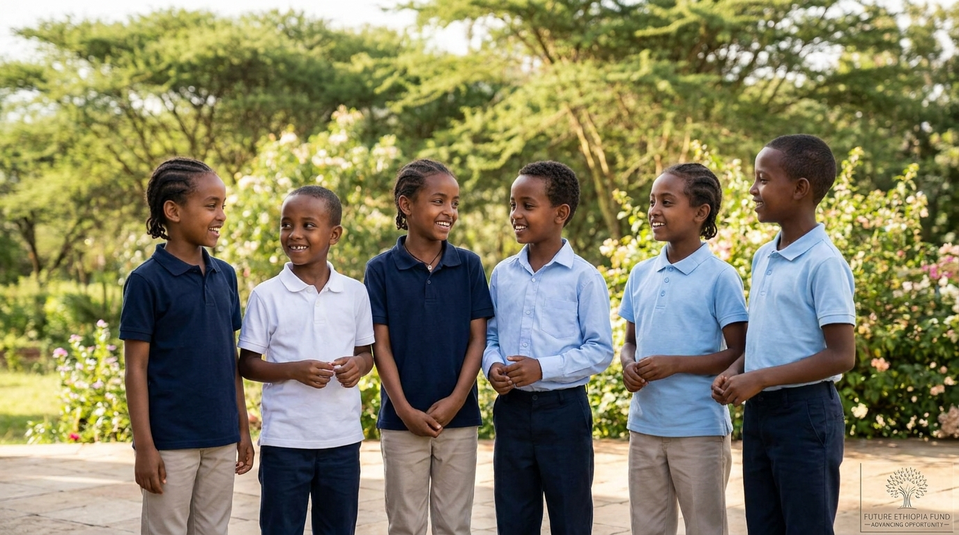 Ethiopian children standing together outdoors in school uniforms